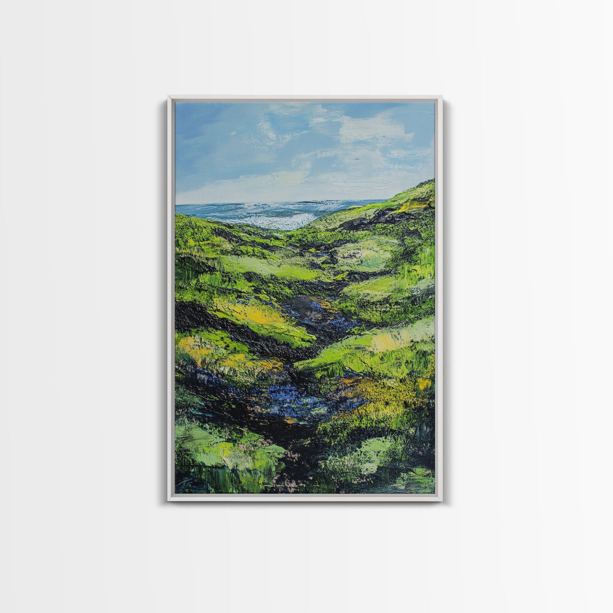 Ireland painting, green wall art, coastal landscape art, wabi sabi art, farmhouse art, Framed Canvas Print, landscape painting