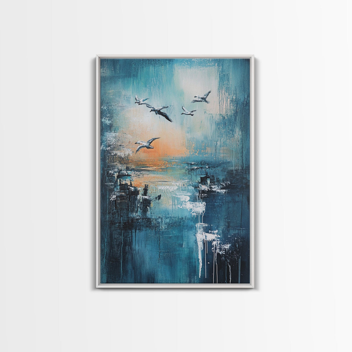 Seagull Art, coastal wall art, nautical painting, ocean birds, teal wall art, moody art, framed canvas print, gift idea, coastal decor