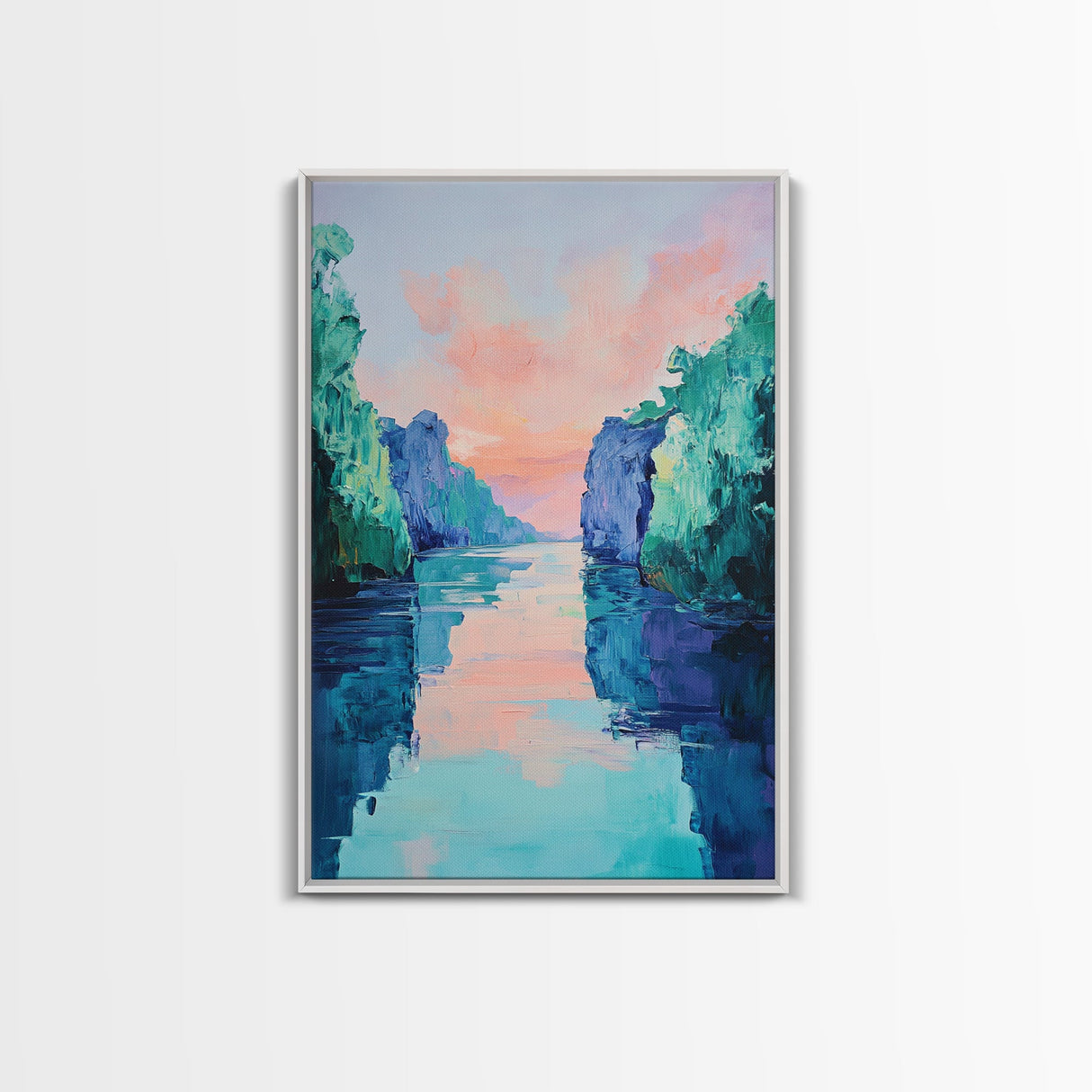 Sunset Lake Painting, landscape painting, pink orange wall art, moody art, lake Tahoe art, framed canvas print, minimalist art