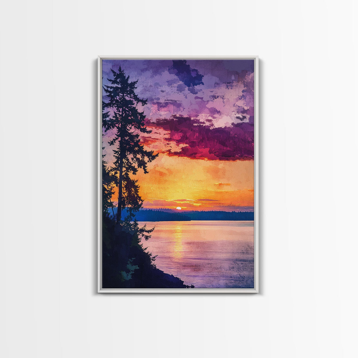 Serene Lakeside Sunset Canvas Print, Nature Wall Art, Water Reflection Painting, Tranquil Landscape Art, Peaceful Home Decor, Bedroom Art