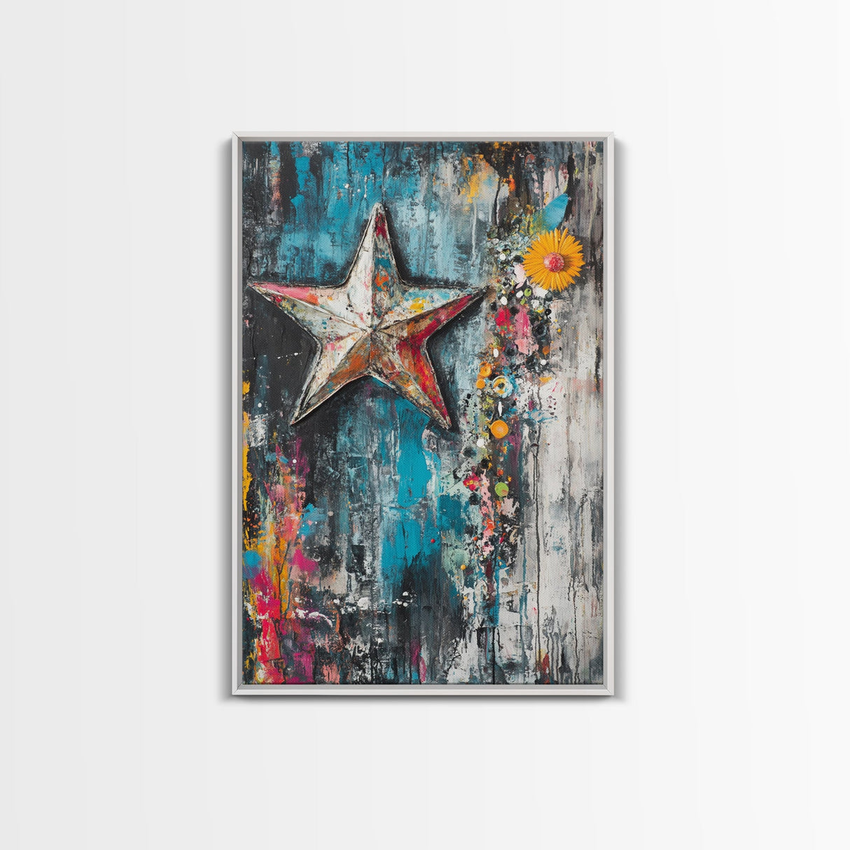 Metal Star Rustic Framed Canvas Print Patriotic Wall Art, Western Home Decor, Distressed Americana Artwork, Country Farmhouse Style