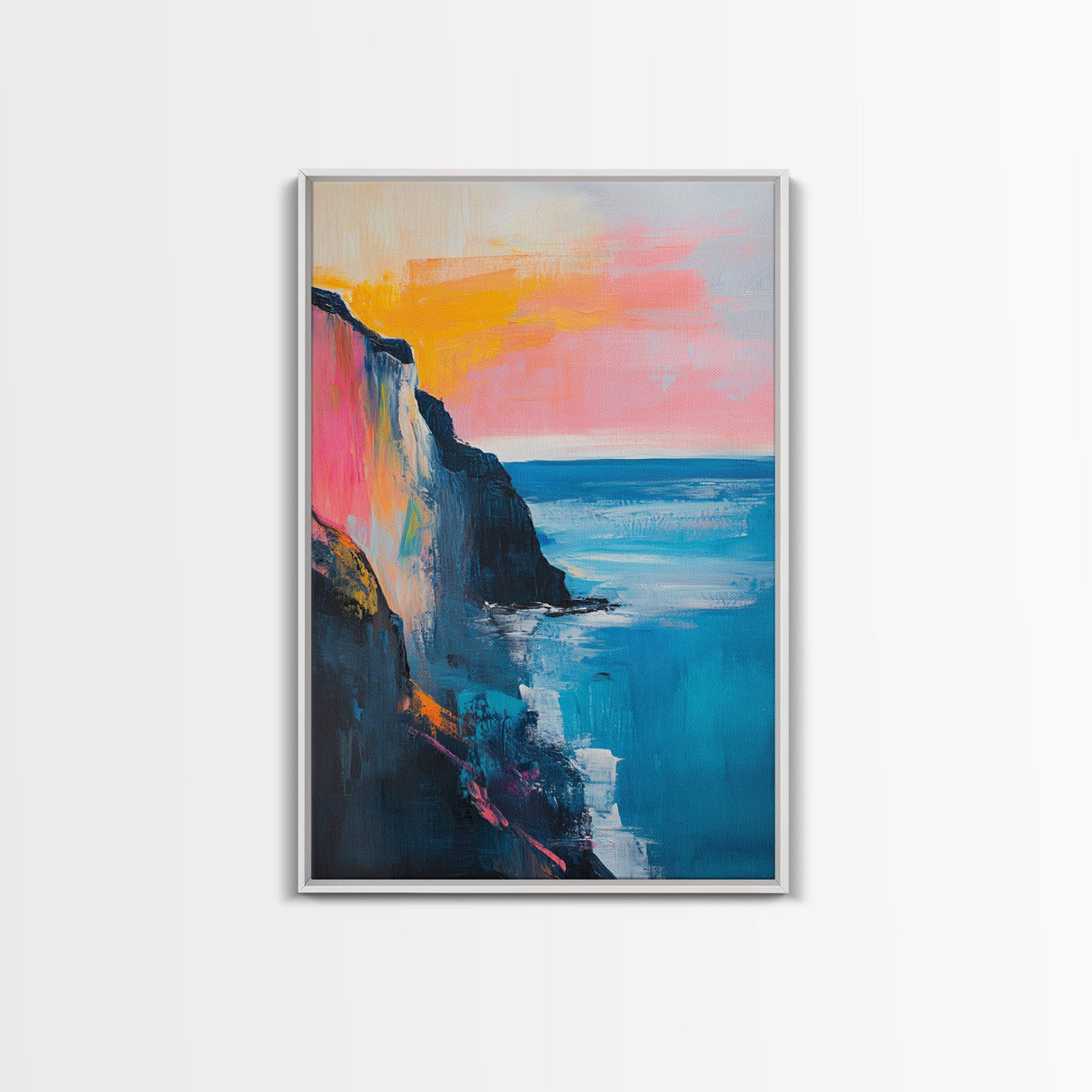 Sunset Cliff Framed Canvas Print Coastal Seascape Wall Art Vibrant Ocean Painting Modern Beach House Decor Relaxing Home Gift