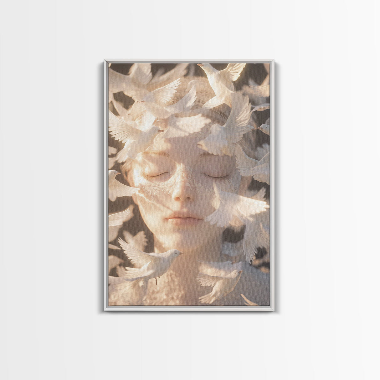 Ethereal White Dove Art Framed Canvas Print - Surreal Dreamy Wall Art, Minimalist Angelic Decor, Bedroom Meditation Art, Boho Aesthetic