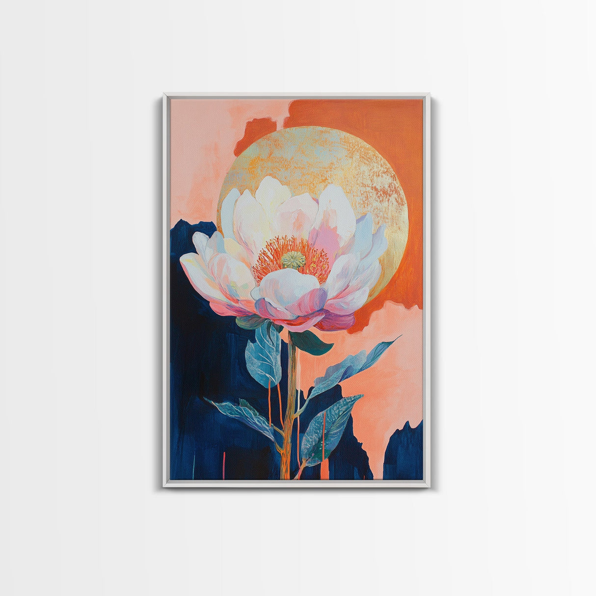 Floral Moon, Wildflower Painting, Pink Orange Wall Art, Light Pink Wall Art, Botanical Prints, Canvas Print, Gift Idea, Boho Art