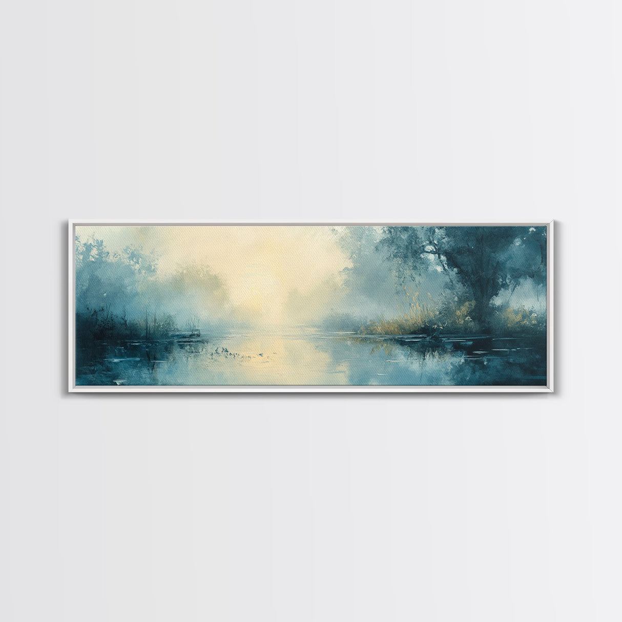 Misty Lake Canvas Print Serene Nature Wall Art, Neutral Forest Landscape, Soft Blue Wall Decor, Minimalist Bedroom Artwork