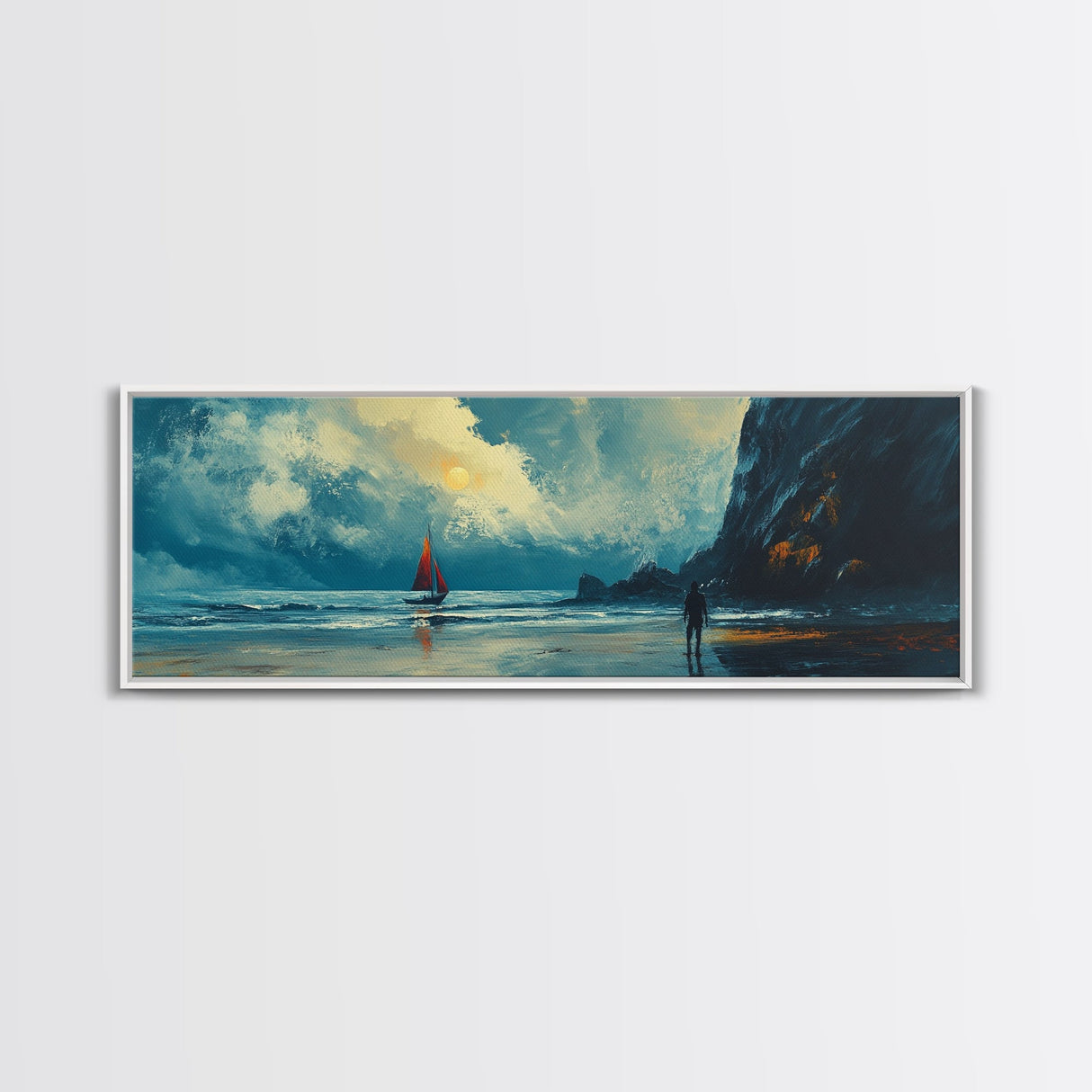 Moonlit Sailboat Canvas Print Dramatic Ocean Wall Art, Coastal Nautical Painting, Dark Blue Seascape, Moody Living Room Decor