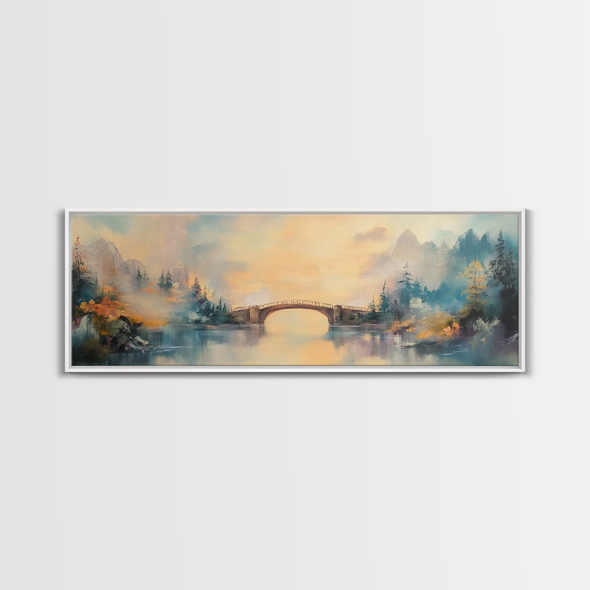 Misty Bridge Framed Canvas Print, Dreamy Lake Landscape Wall Art, Autumn Home Decor, Romantic Nature Painting, Serene Wall Artwork