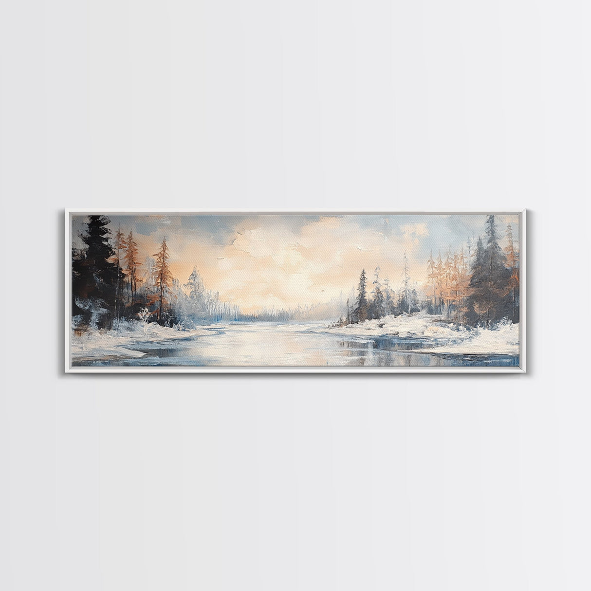 Serene Winter Forest Framed Canvas Print, Snowy Landscape Painting, Cozy Christmas Wall Art, Neutral Rustic Home Decor, Lodge Art