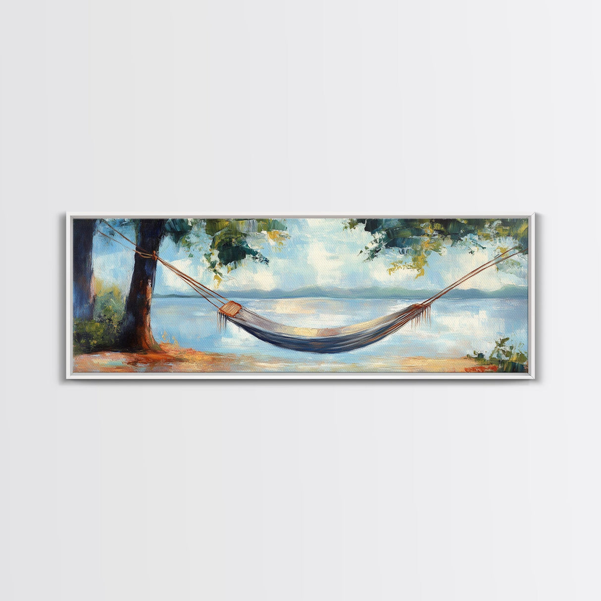 Relaxing Hammock Lake Scene, Tranquil Coastal Art, Serene Nature Painting, Boho Wall Decor, Minimalist Bedroom Art