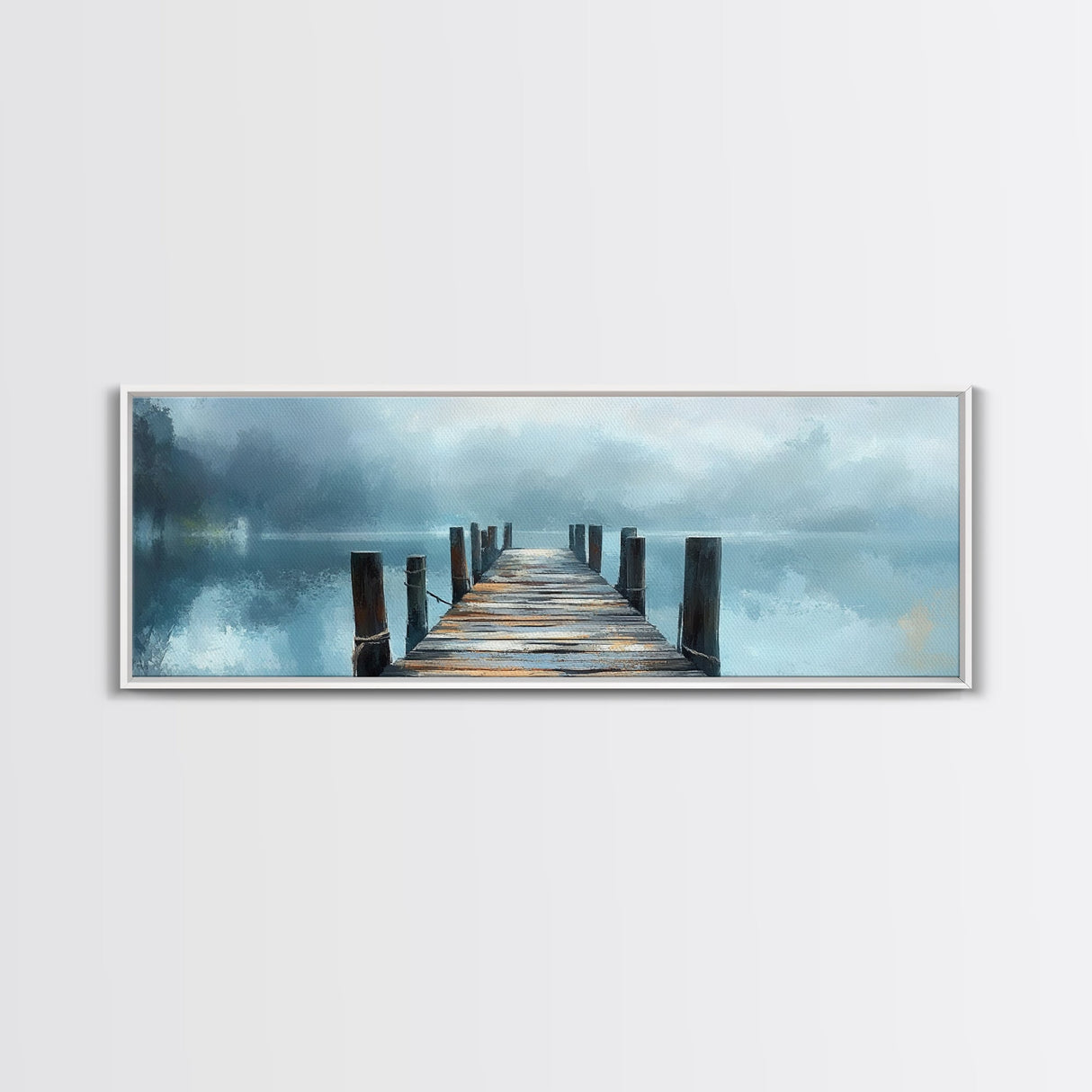 Misty Dock Landscape Framed Canvas Print Tranquil Lake Painting Minimalist Nature Art Calm Water Foggy Morning Bedroom Wall Art