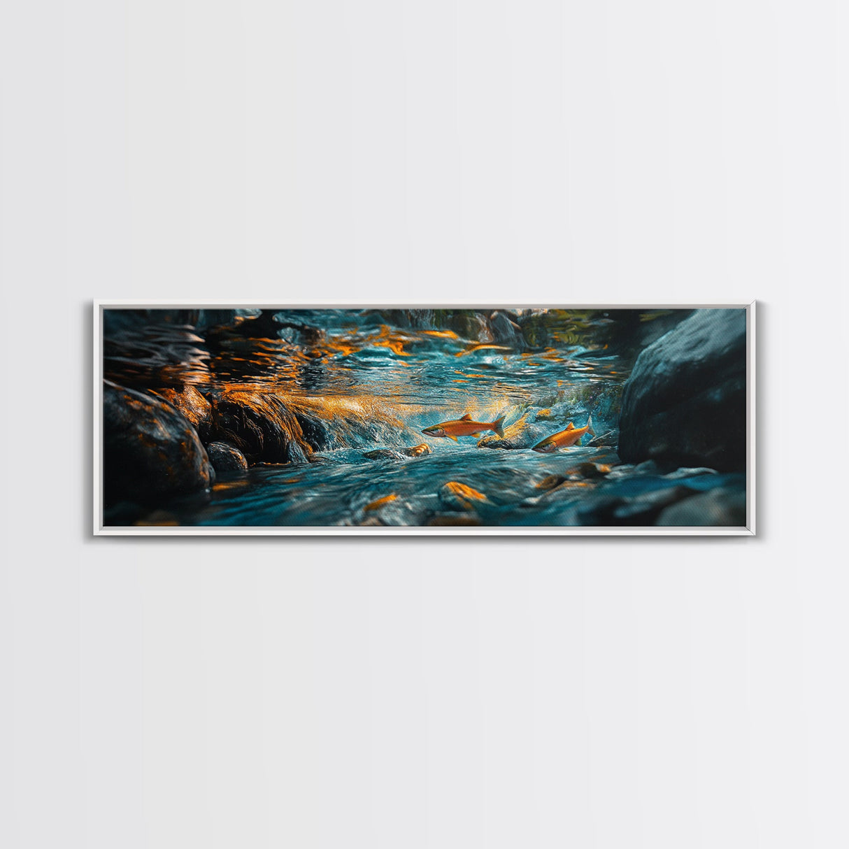 Vibrant Underwater River Scene Framed Canvas Print, Nature Wall Art, Rustic Cabin Decor, Wildlife Painting, Living Room Art