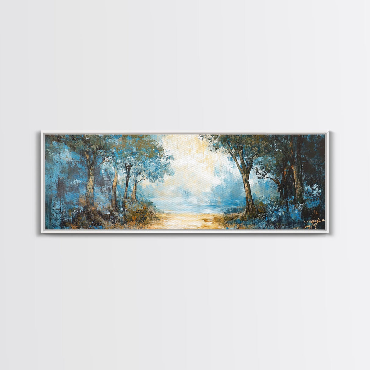 Blue Forest Path Framed Canvas Print Landscape Painting, Nature Inspired Wall Art, Rustic Home Decor, Modern Artwork