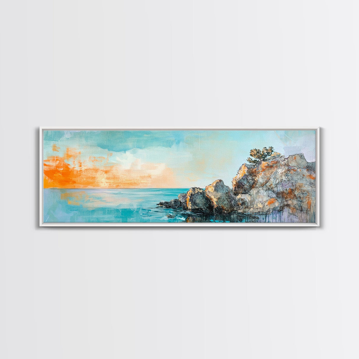 Seaside Cliff, Tranquil Beach Painting, Ocean View Wall Art, Home Decor, Framed Canvas Print, Minimalist Style, Bedroom Artwork