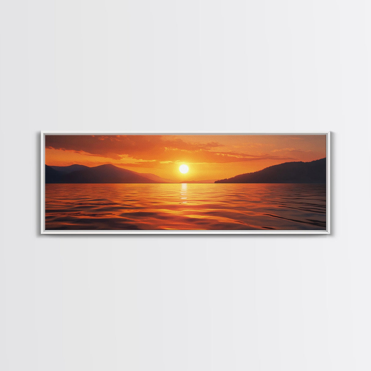 Golden Sunset, Serene Lake Painting, Tranquil Water Art, Nature Decor, Framed Canvas Print, Minimalist Style, Bedroom Artwork