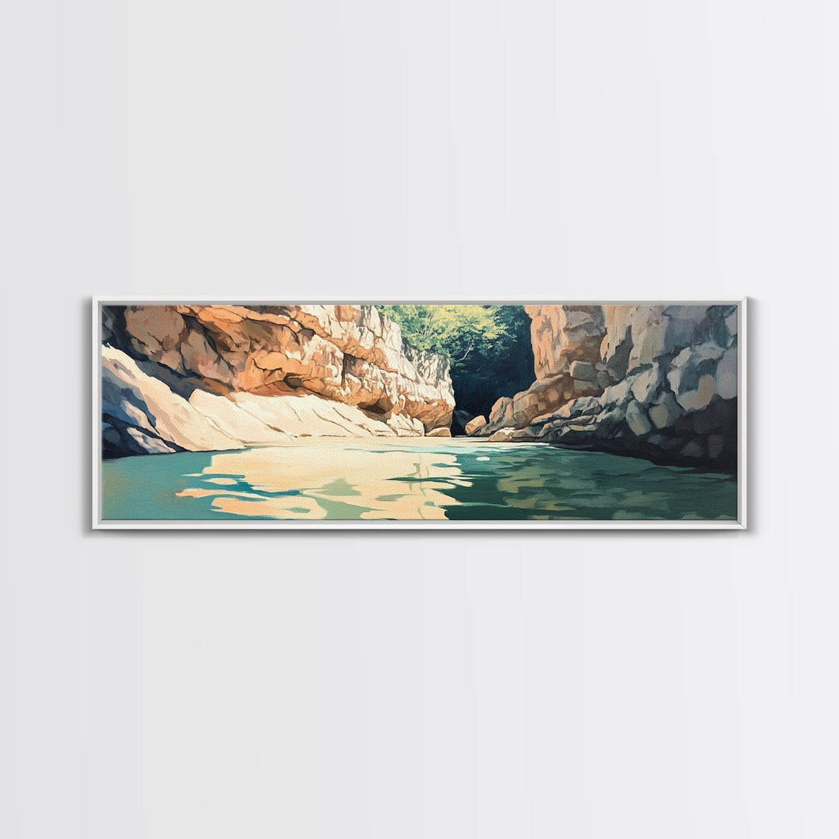 Serene River Canyon Framed Canvas Print Nature Landscape Painting, Rustic Lodge Wall Art, Outdoor Adventure Decor, Water Scene Art