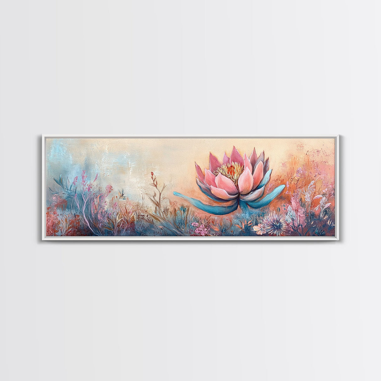 Print Blooming Lotus Flower Wall Art, Boho Floral Artwork, Feminine Botanical Decor, Bedroom Art, Pink and Blue Painting