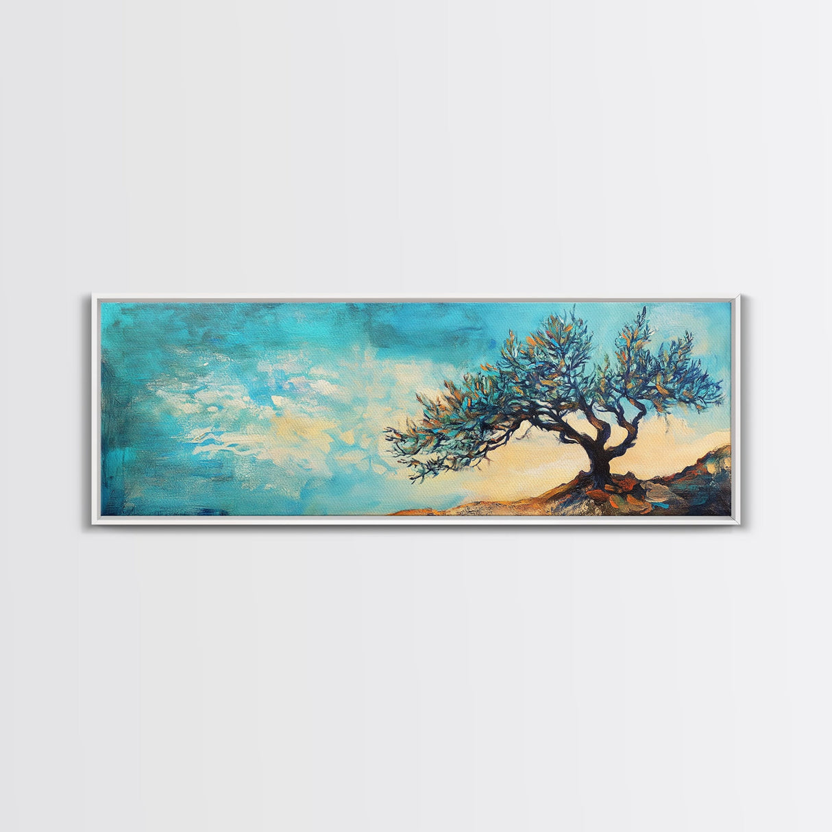 Windswept Tree Landscape Wall Art, Minimalist Nature Painting, Serene Sky Artwork, Zen Meditation Room Decor, Earthy Tones