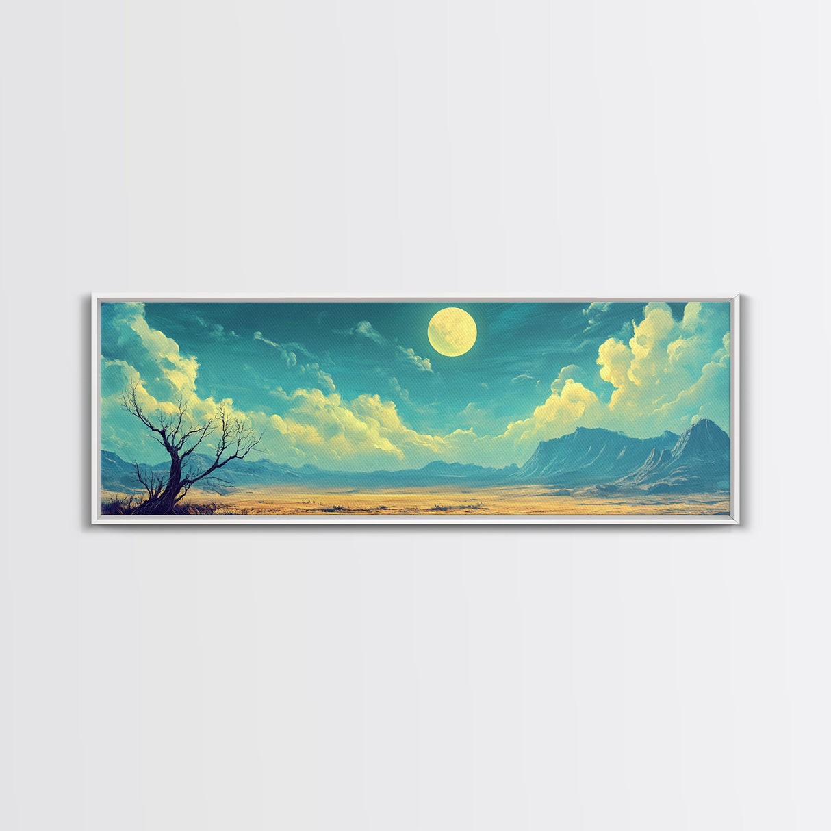 Moonlit Desert Nightscape, Mystical Blue and Gold Landscape Art, Dreamy Celestial Wall Decor, Surreal Nature Painting