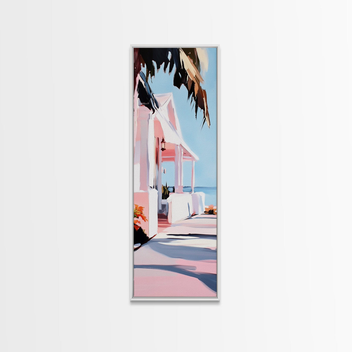 Beach House, Oceanfront Living, Coastal Home, Framed Canvas Print, Tropical Wall Art, Soft Pastel Aesthetic, Living Room Wall Art
