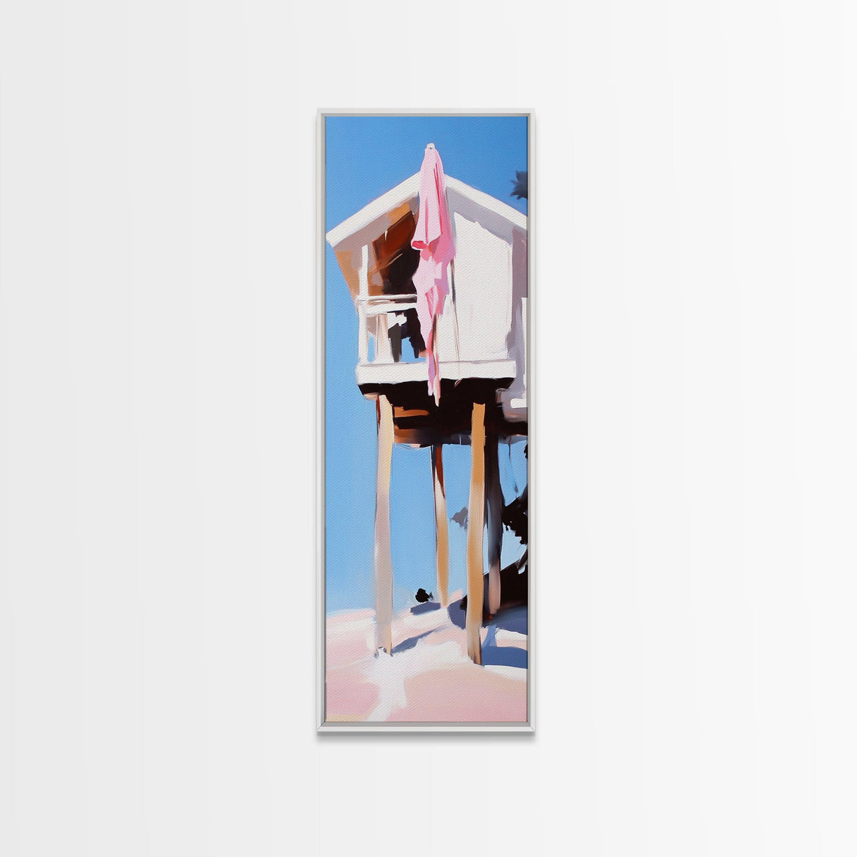 Beach Hut, Coastal Home, Seaside Escape, Nautical Decor, Ocean View, Warm Pastels, Beach House Art, Framed Canvas Print