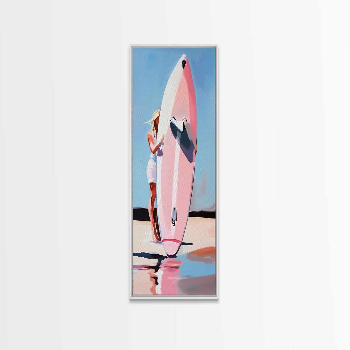 Surfboard Girl, Summer Beach, Coastal Aesthetic, Canvas Print, Boho Wall Art, Minimalist Painting, Living Room Decor, Gift, Pastel