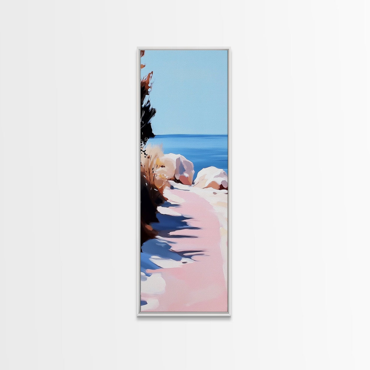 Sunset Pathway, Tranquil Nature Art, Serene Beach Scene, Pastel Landscape, Warm Toned Painting, Dreamy Home Decor, Framed Canvas Print