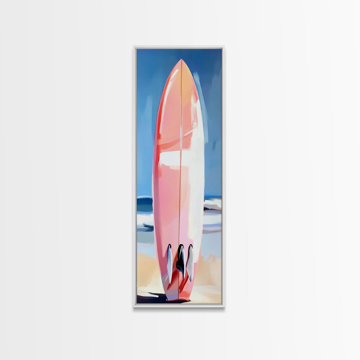 Pink Surfboard, Beach House Art, Coastal Aesthetic, Surfer Lifestyle, Summer Vibes, Ocean Theme Framed Canvas Print, Modern Wall Decor