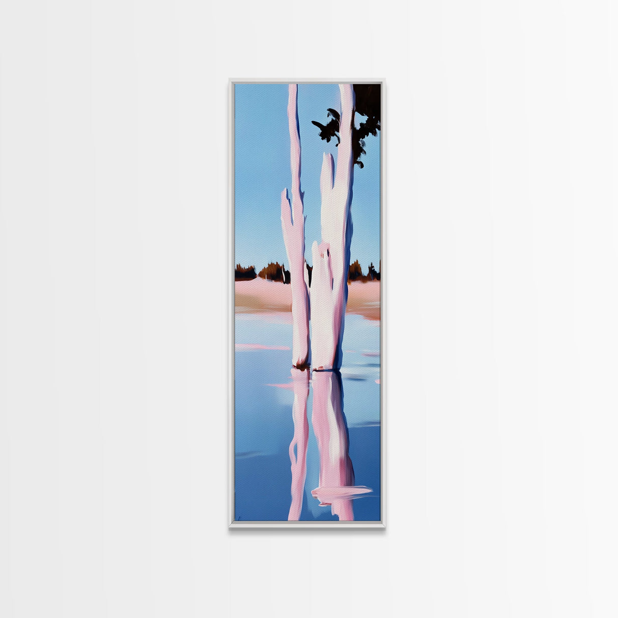 Pink Trees, Lake Reflection, Minimalist Nature, Calm Water Scene, Soft Pastel Wall Art, Tranquil Framed Canvas Print, Zen Home Decor