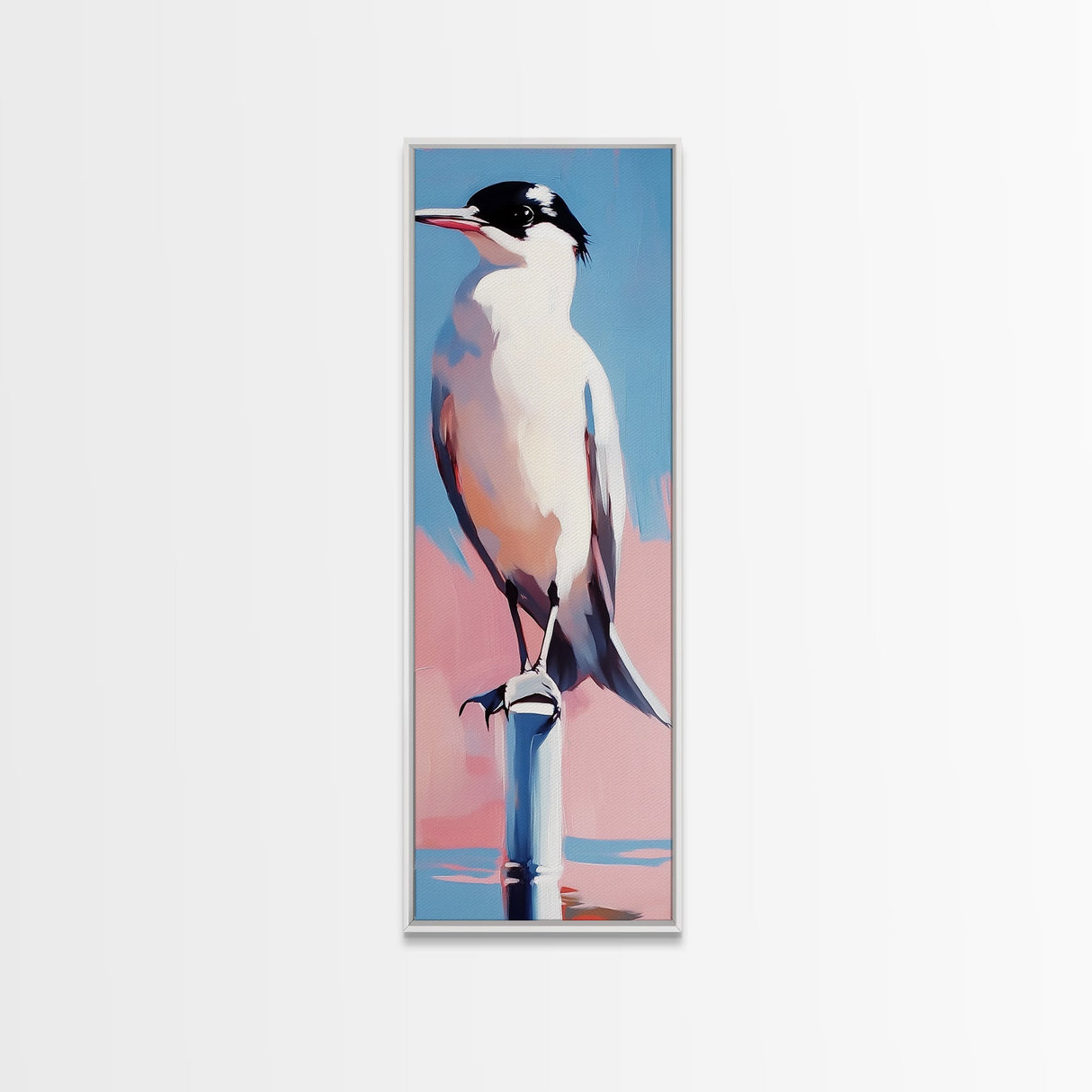 Seabird, Coastal Nature Art, Serene Beach Scene, Pastel Blue Pink, Minimalist Bird Painting, Nautical Wall Decor, Framed Canvas Print