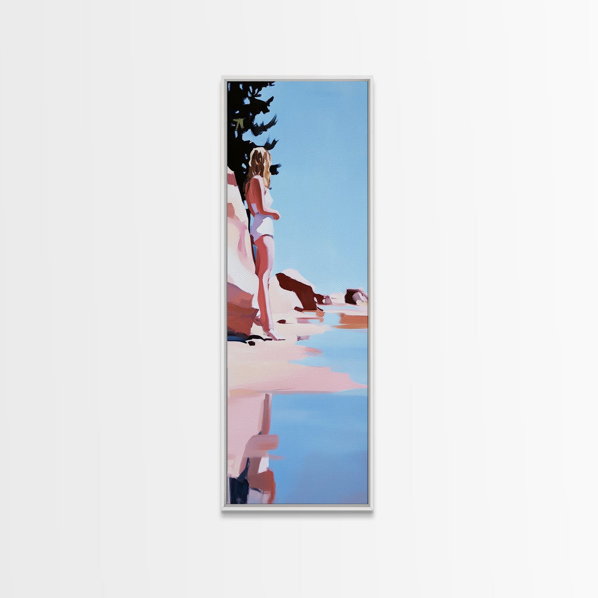 Woman by the Sea, Dreamy Coastal Art, Feminine Minimalist Print, Framed Canvas Print, Elegant Wall Art, Bedroom Decor, Modern Aesthetic