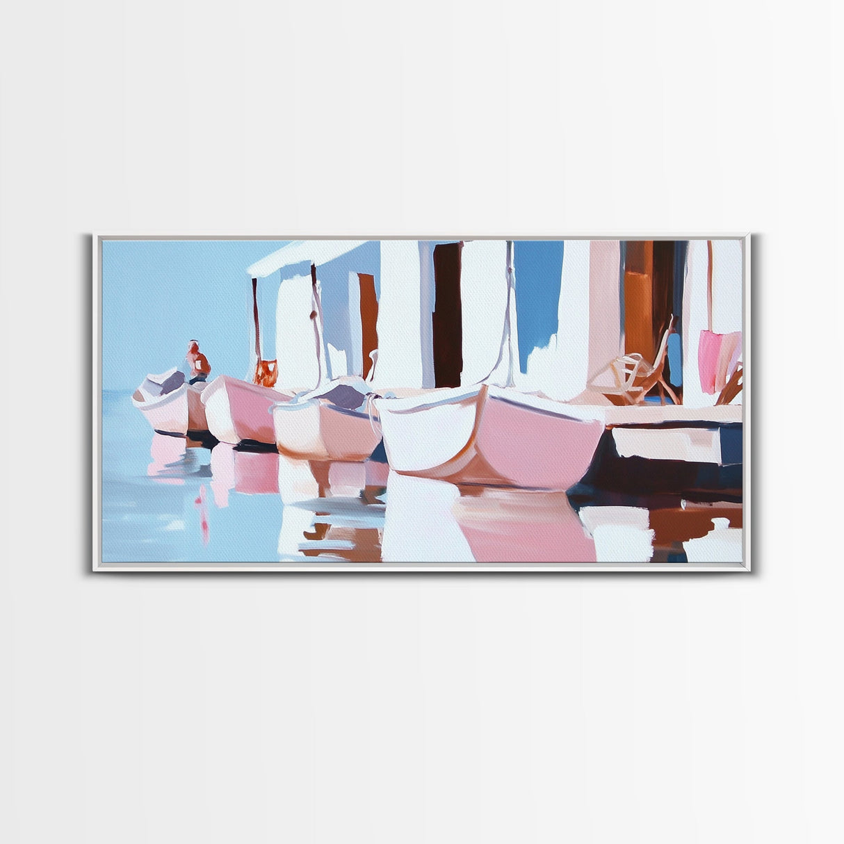 Docked Boats, Nautical Coastal Art, Mediterranean Harbor Scene, Framed Canvas Print, Beach House Wall Decor, Nautical Home Art