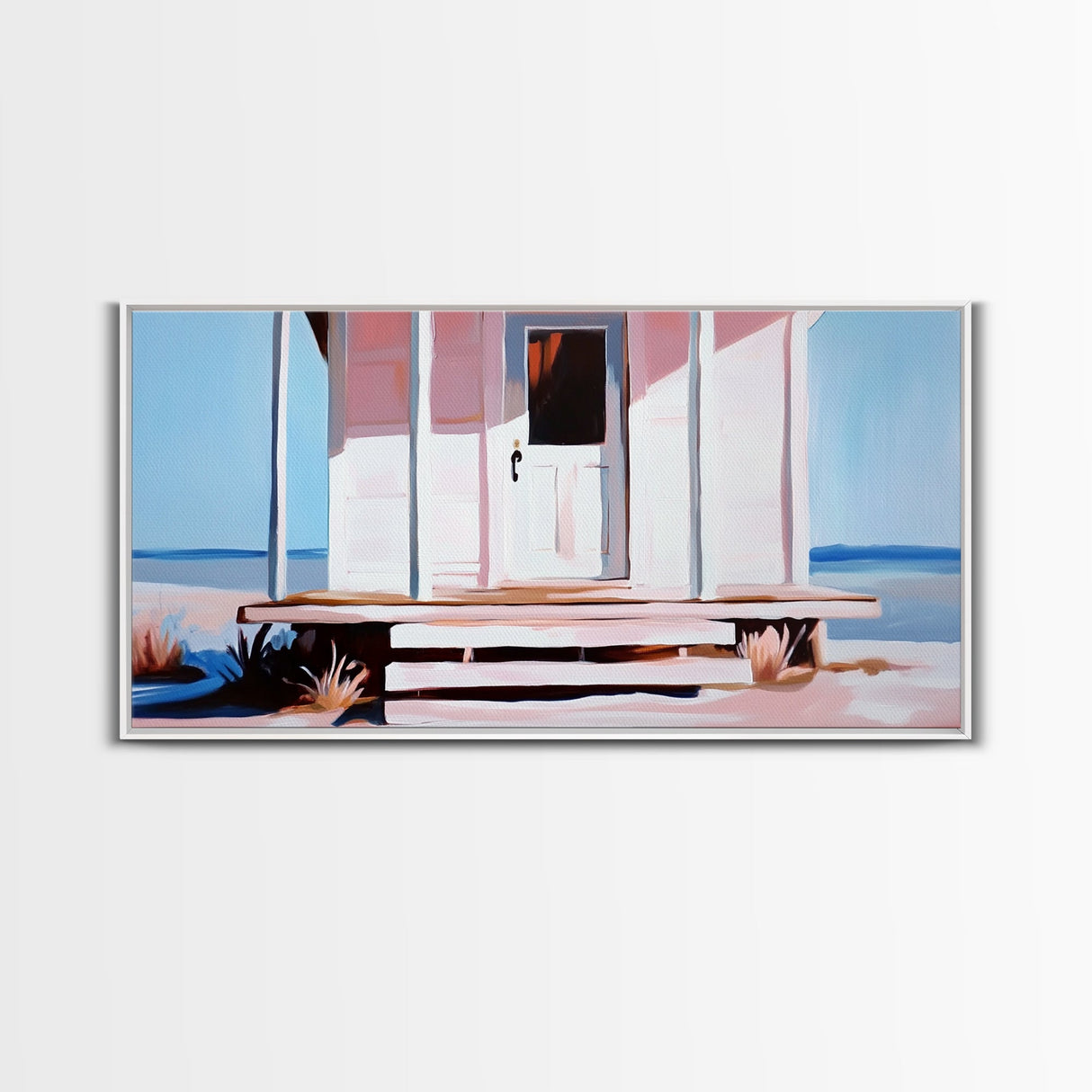 White House, Oceanfront, Rustic, Framed Canvas Print, Coastal Decor, Minimalist Art, Beach House Wall Art, Serene Living Room Art