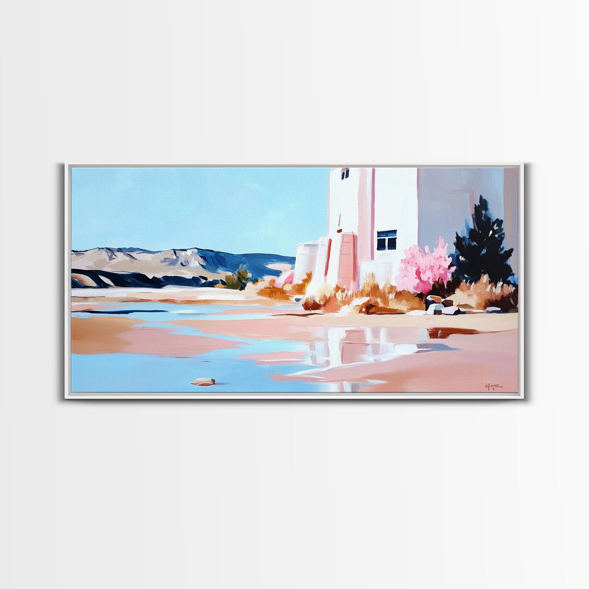 Desert Landscape, White House, Pink Trees, Canvas Print, Modern Southwest Art, Living Room Wall Art, Warm Earthy Tones, Minimalist Nature