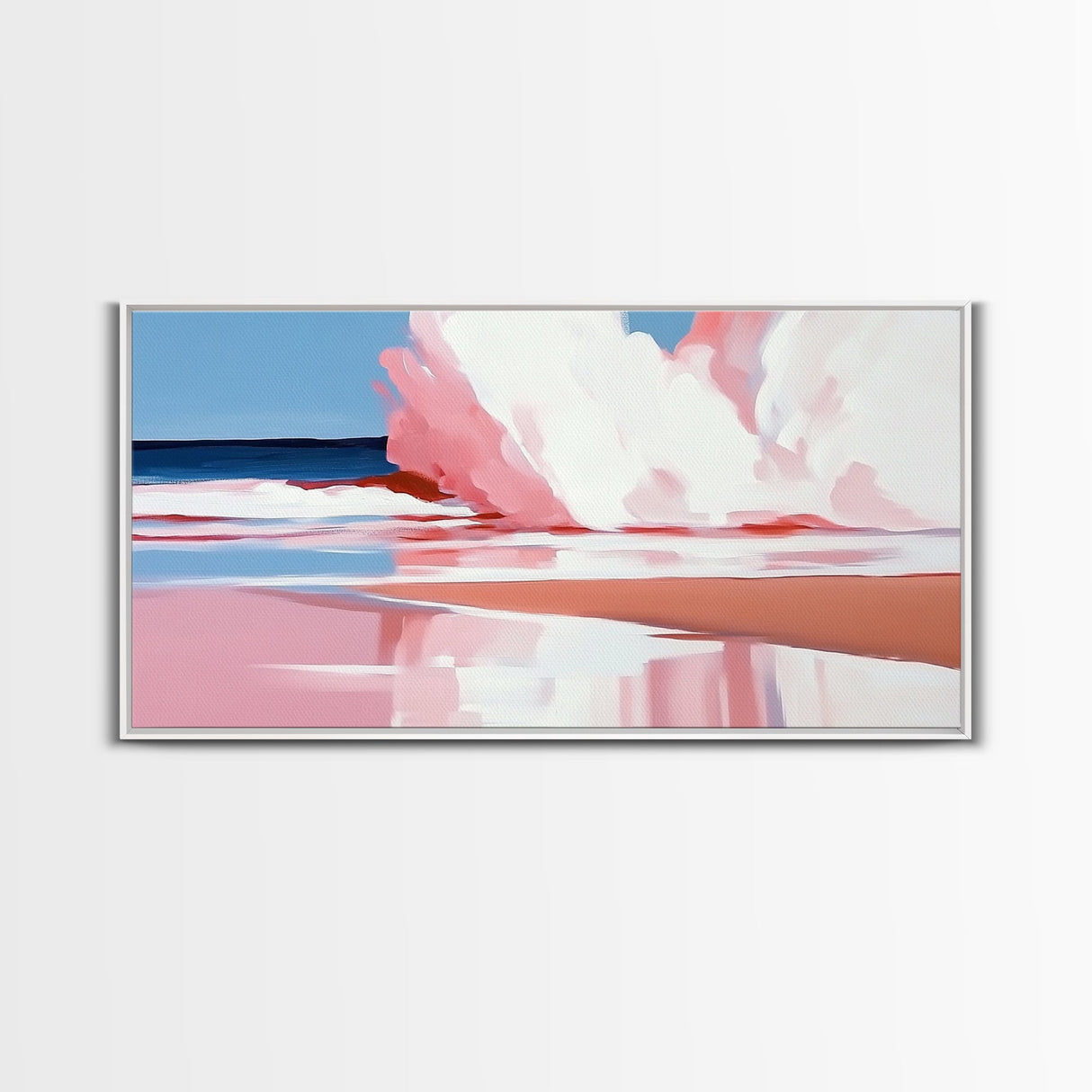 Ocean Wave, Pink Surf, Beach Reflection, Framed Canvas Print, Coastal Wall Art, Modern Minimalist Decor, Living Room Wall Art, Pastel Tones
