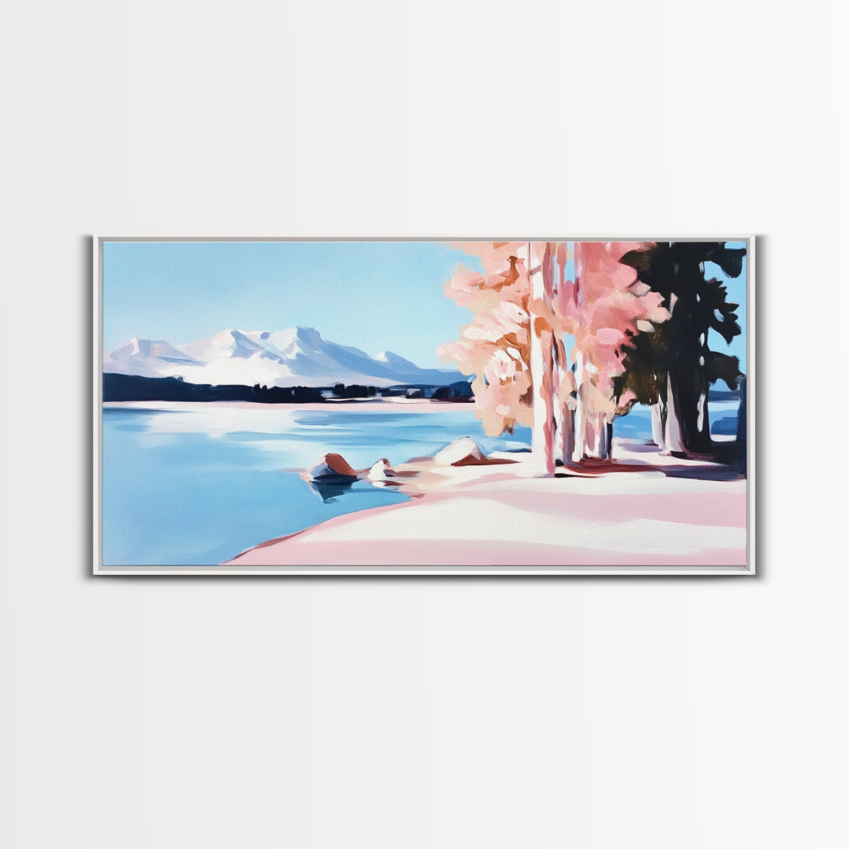 Mountain Lake, Pink Trees, Nature Art, Canvas Print, Cabin Wall Decor, Living Room Landscape, Winter Painting, Minimalist Nature Art