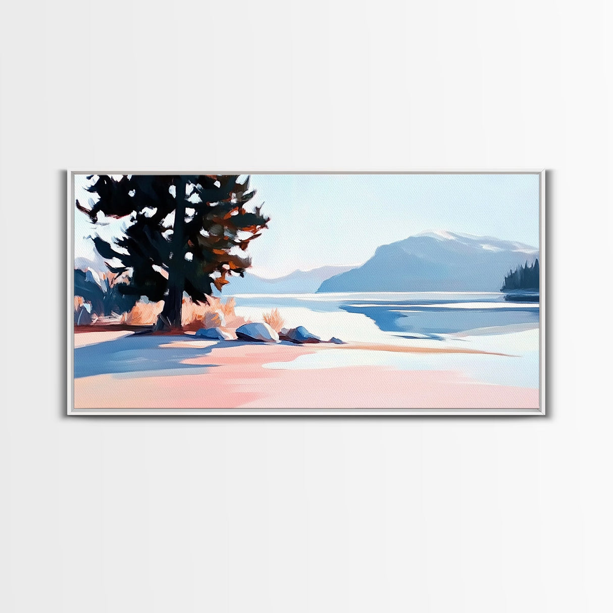 Mountain Lake, Pine Tree, Scenic Nature, Landscape Painting, Framed Canvas Print, Bedroom Wall Art, Rustic Home Decor, Nature Gift