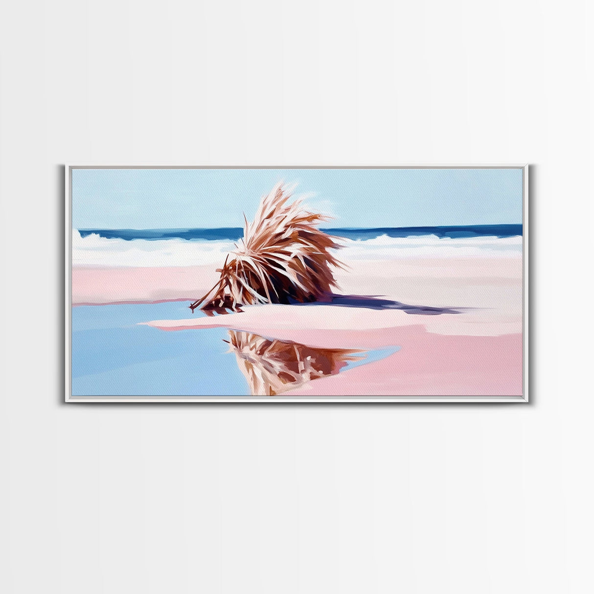 Driftwood on the Shore, Coastal Nature Print, Beach House Decor, Boho Seaside Art, Minimalist Ocean Photography, Bedroom Framed Canvas Print