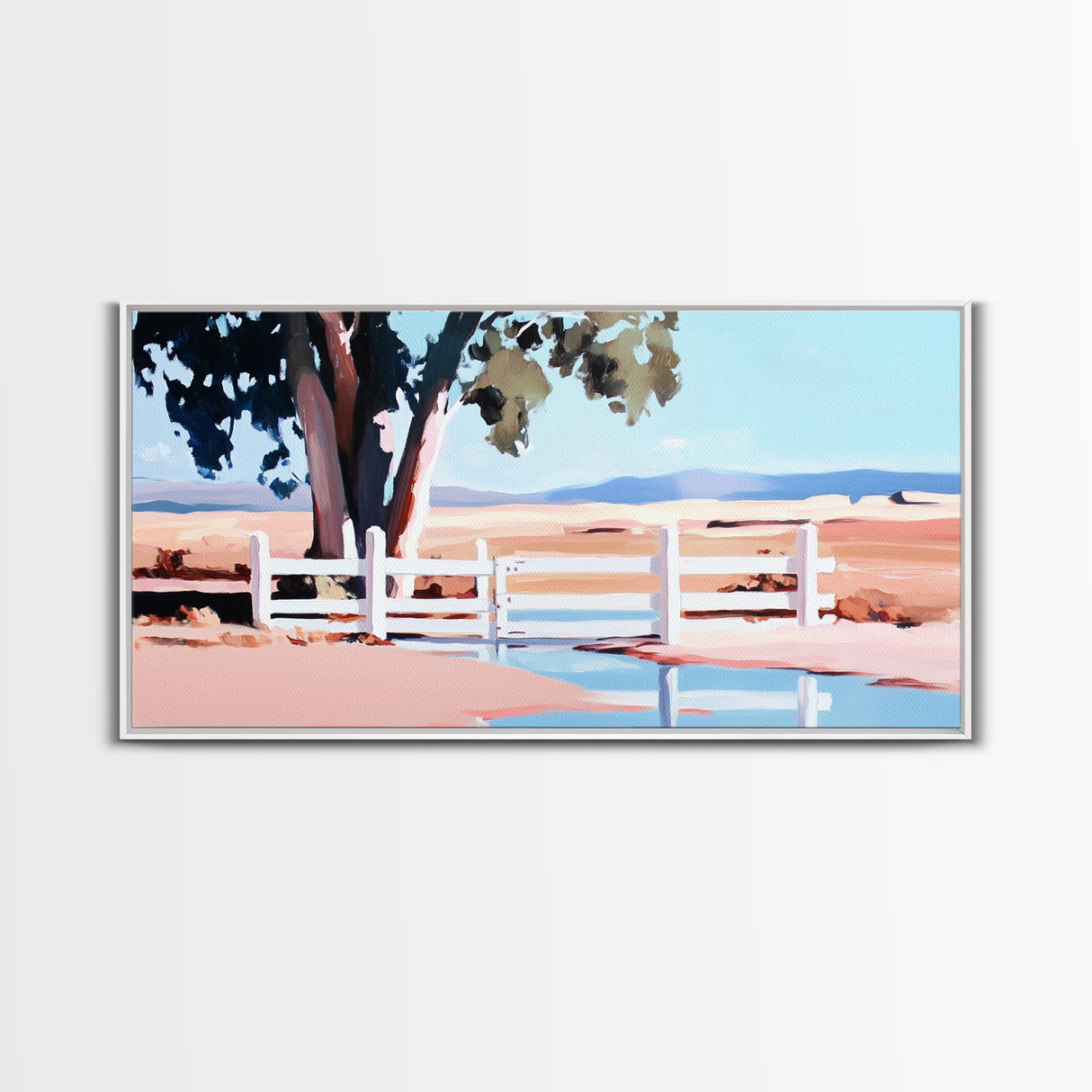 White Fence, Pastoral Landscape Print, Rustic Country Art, Framed Canvas Print, Minimalist Home Decor, Living Room Wall Art