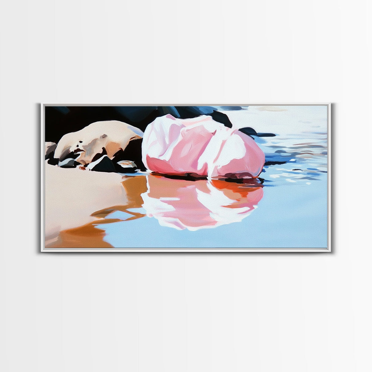 Pink Rock, Water Reflection, Framed Canvas Print, Minimalist Landscape, Nature Aesthetic, Serene Home Decor, Modern Art, Office Wall