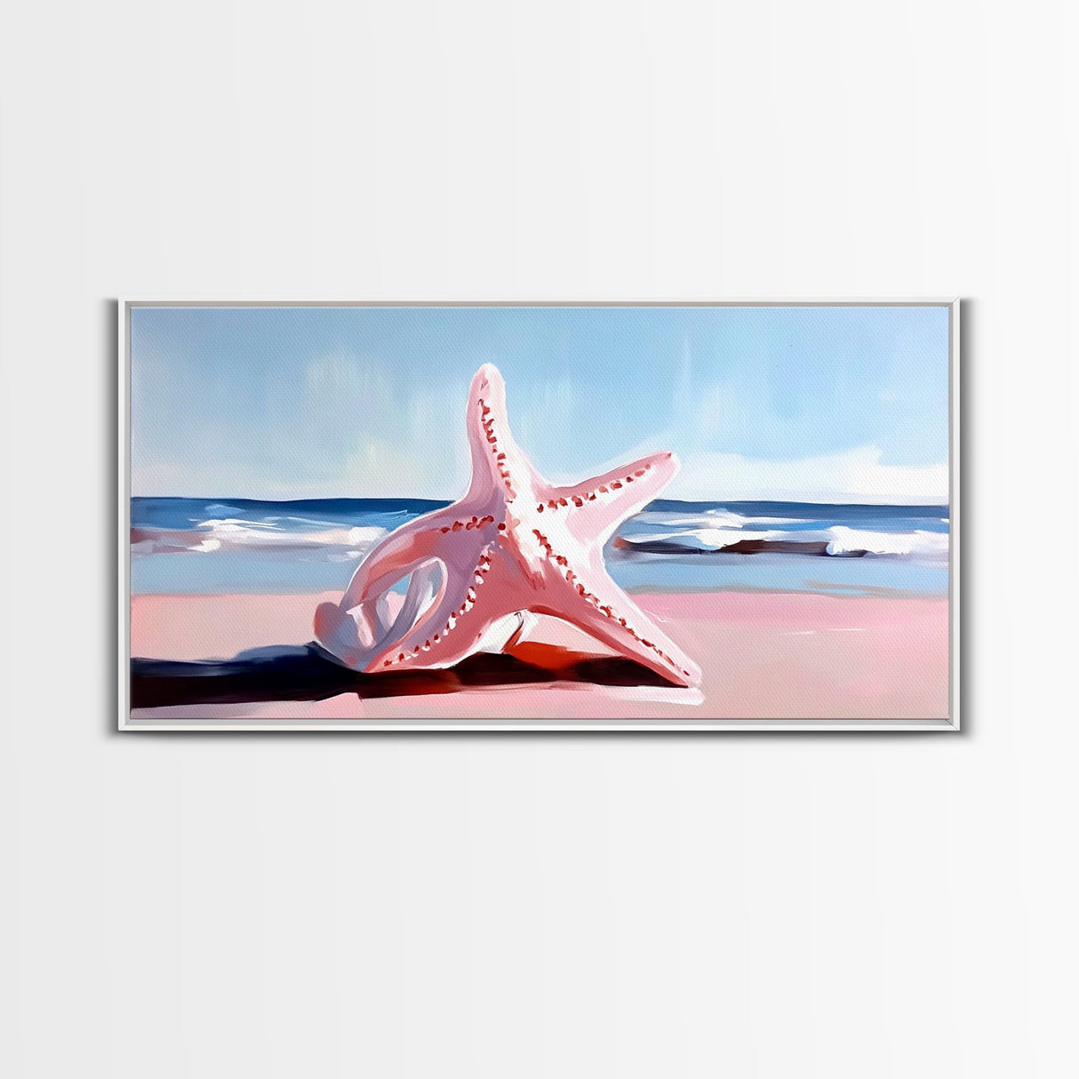 Starfish on Beach, Coastal Wall Art, Ocean Inspired Decor, Nautical Framed Canvas Print, Blue and Pink Summer Vibes Artwork