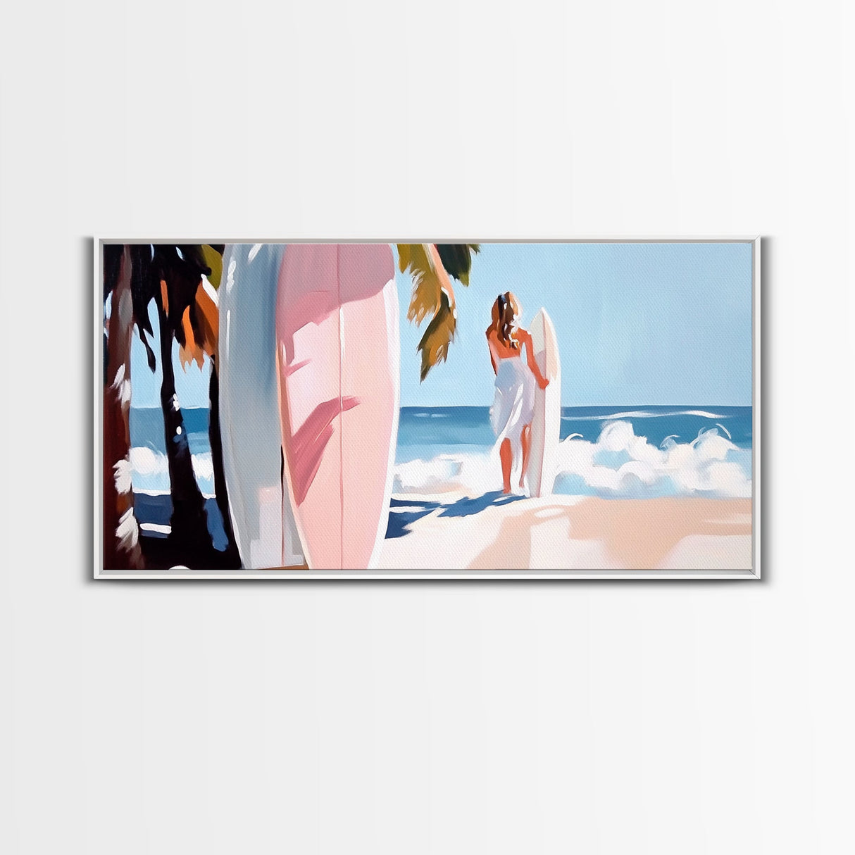 Surfer Girl, Coastal Art, Framed Canvas Print, Beach Wall Decor, Tropical Aesthetic, Ocean Painting, Summer Vibes, Modern Home Art