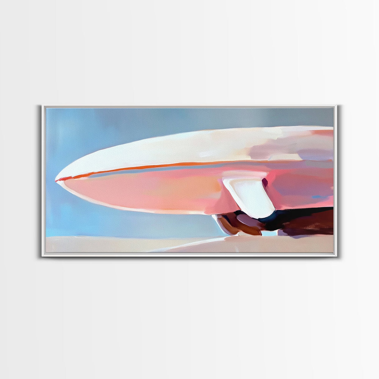 Surfboard Still Life, Minimalist Art, Framed Canvas Print, Ocean Decor, Beach House Wall Art, Soft Pastel Painting, Coastal Vibes