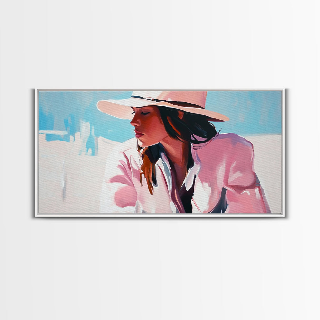 Woman, Sun Hat, Beach, Framed Canvas Print, Fashion Art, Minimalist Style, Boho Home Decor, Coastal Chic, Pastel Summer Painting