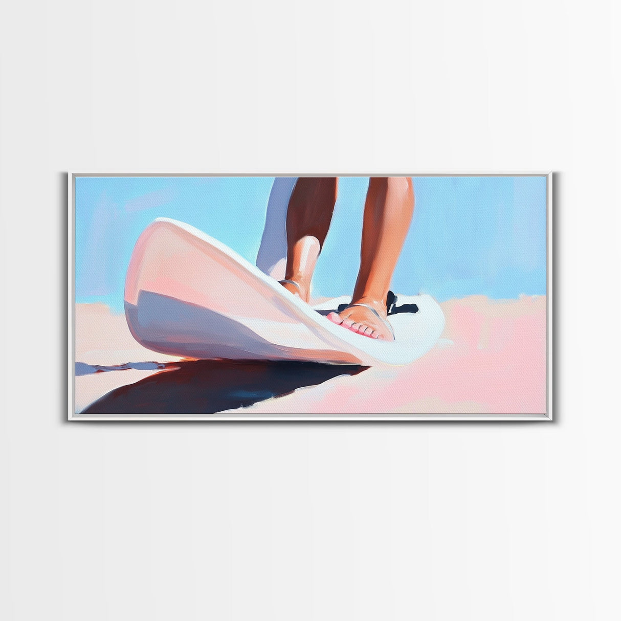 Surfing Vibes, Coastal Sport Art, Minimalist Ocean Painting, Pastel Beach Decor, Framed Canvas Print, Adventure Inspired, Living Room Art