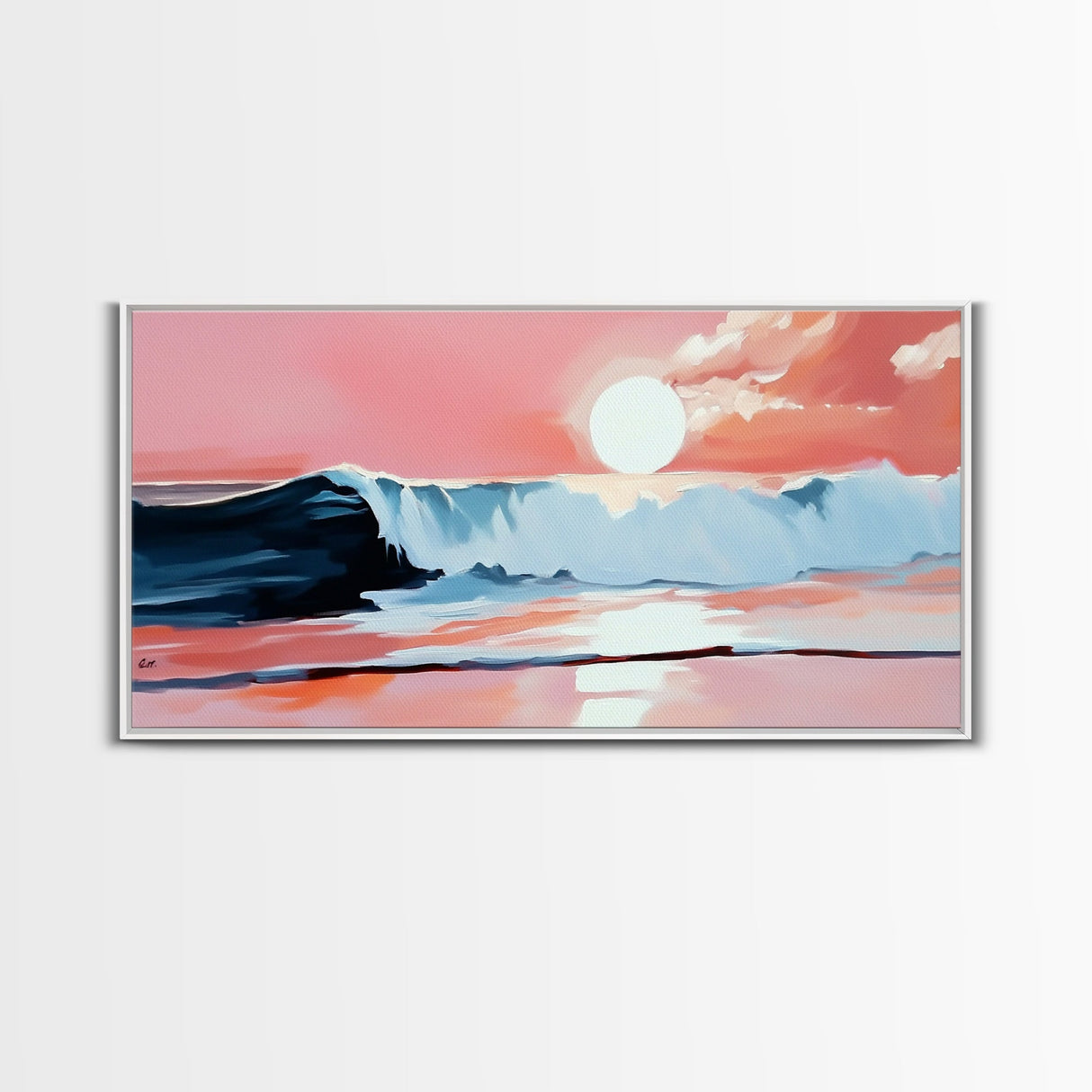 Pink Sunset, Ocean Waves, Coastal Art, Beach Decor, Framed Canvas Print, Modern Wall Art, Nautical Art, Living Room Wall Art