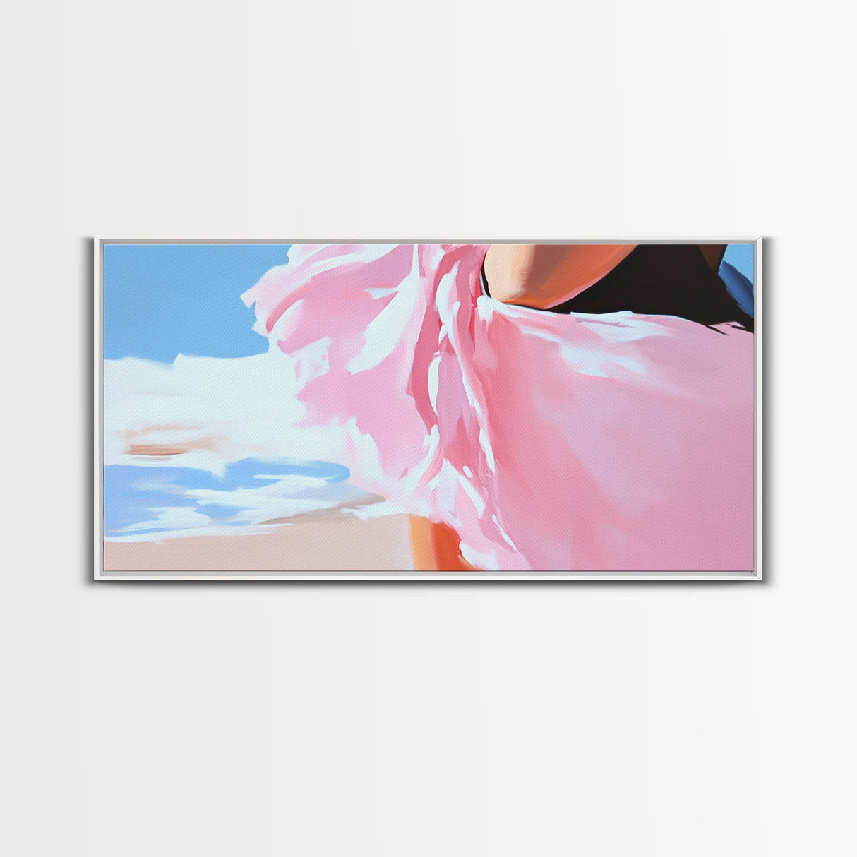 Flowing Dress, Beach Wind, Feminine Elegance, Fashion Wall Art, Framed Canvas Print, Ocean Breeze, Modern Home Decor, Soft Pink Aesthetic