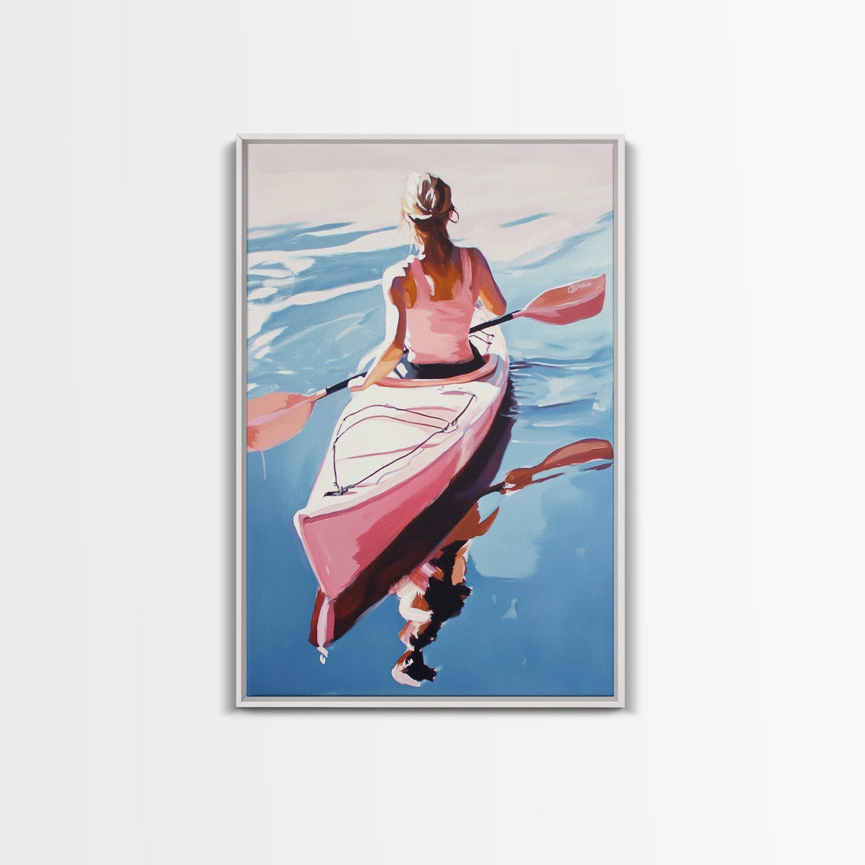 Kayak, Adventure, Water Sports Art, Boho Coastal Decor, Summer Vibes, Outdoor Enthusiast Gift, Blue and Pink Painting, Canvas Print