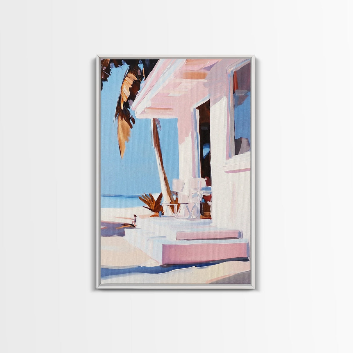 Tropical House, Palm Trees, Beach Art, Modern Coastal, Framed Canvas Print, Relaxing Home Decor, Minimalist Aesthetic, Summer Escape
