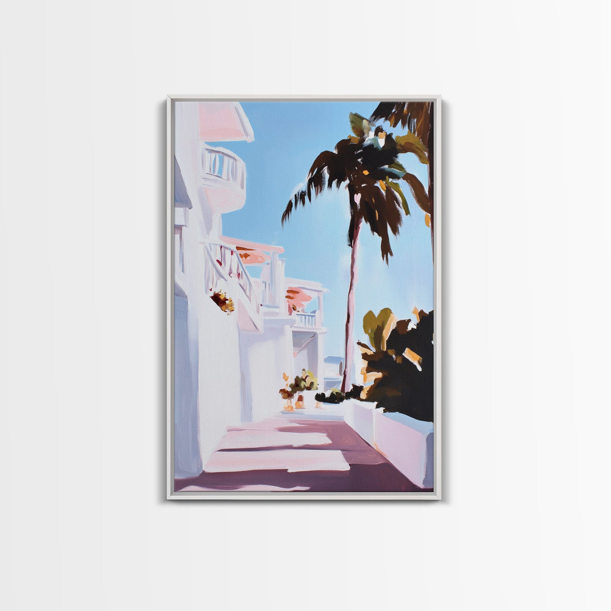 Tropical Balcony View, Palm Tree Painting, Coastal Boho Art, Framed Canvas Print, Mediterranean Aesthetic, Living Room Wall Art, Beach House Decor