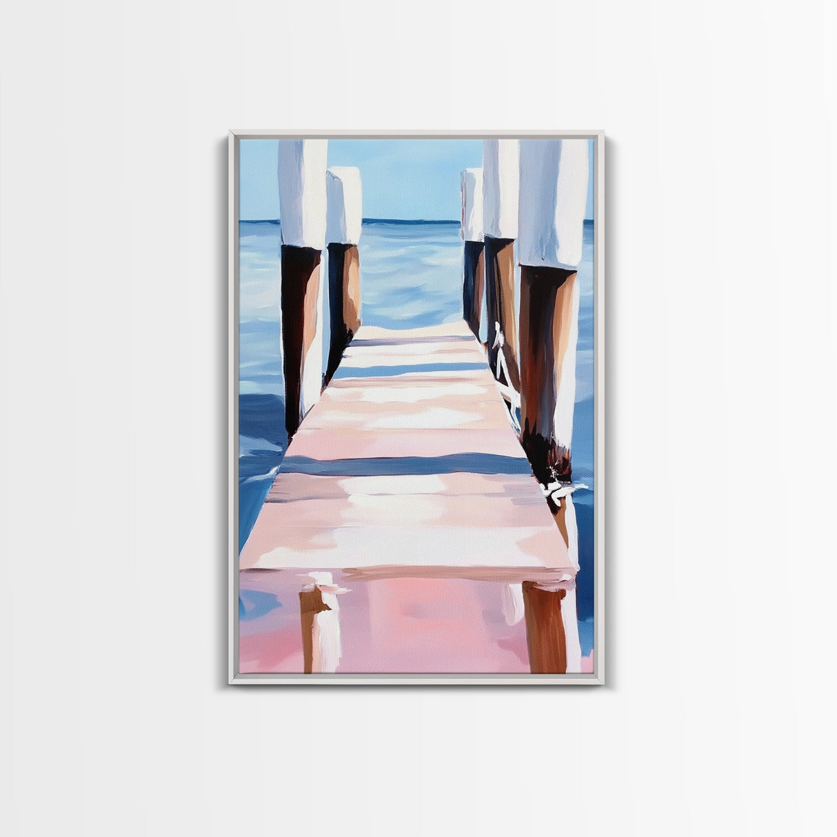 Seaside Pier View, Minimalist Coastal Painting, Tranquil Ocean Scene, Framed Canvas Print, Nautical Wall Decor, Beach House Art, Serene Living Room Art
